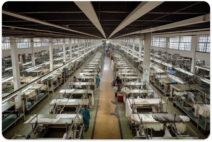 Inside SS Clothing Mills — rows of garment racks and sewing machines